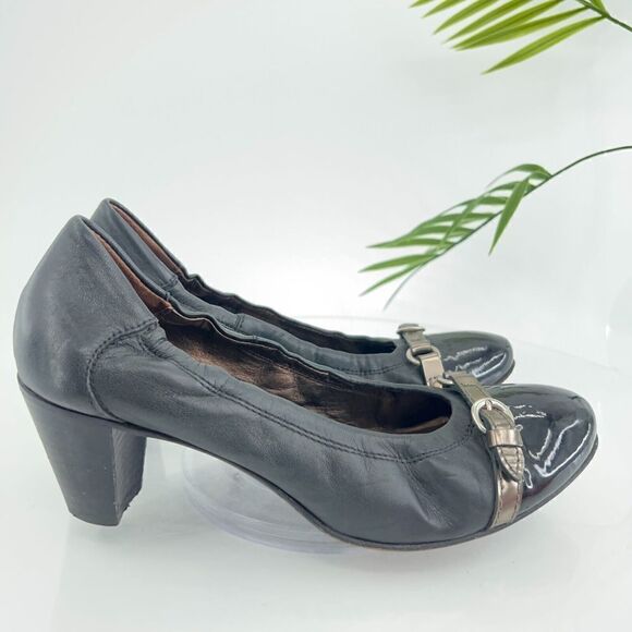 AGL Italy Women's Pump Size 39 9 Cap Toe Block Heel Chain Black Leather - Picture 3 of 14